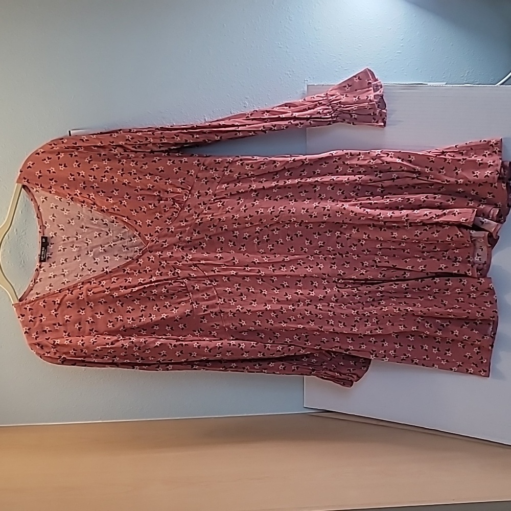Women's Dress Small P Cotton:On Red Orange Ditsy Floral Swing V-Neck Long Sleeve